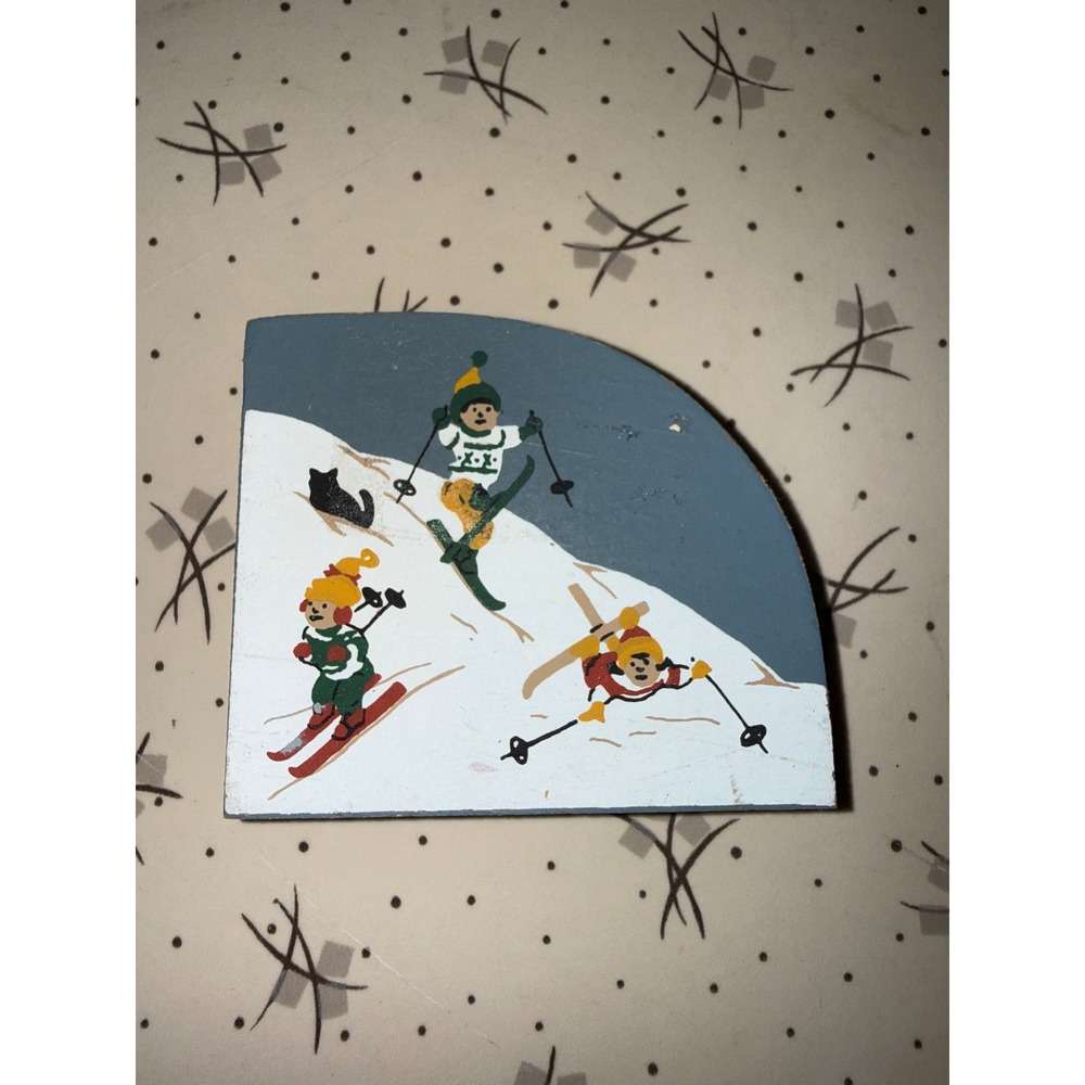 Vintage Hand Painted Wood Plaque Children Skiing Winter Scene Folk Art Decor